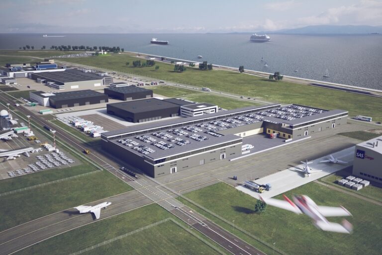 Copenhagen Airport installs battery for green energy storage An aerial shot of Copenhagen Airport’s air cargo center.