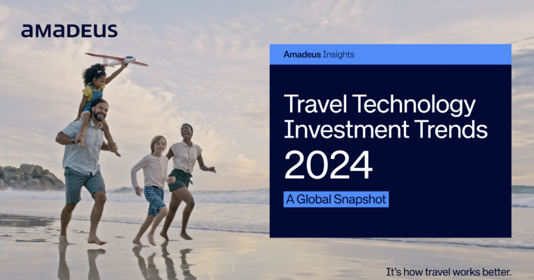 A family run on the beach next to a box with the words, "Amadeus Insights. Travel Technology Investment Trends 2024. A Global Snapshot".