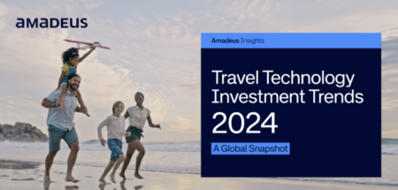 A family run on the beach next to a box with the words, "Amadeus Insights. Travel Technology Investment Trends 2024. A Global Snapshot".