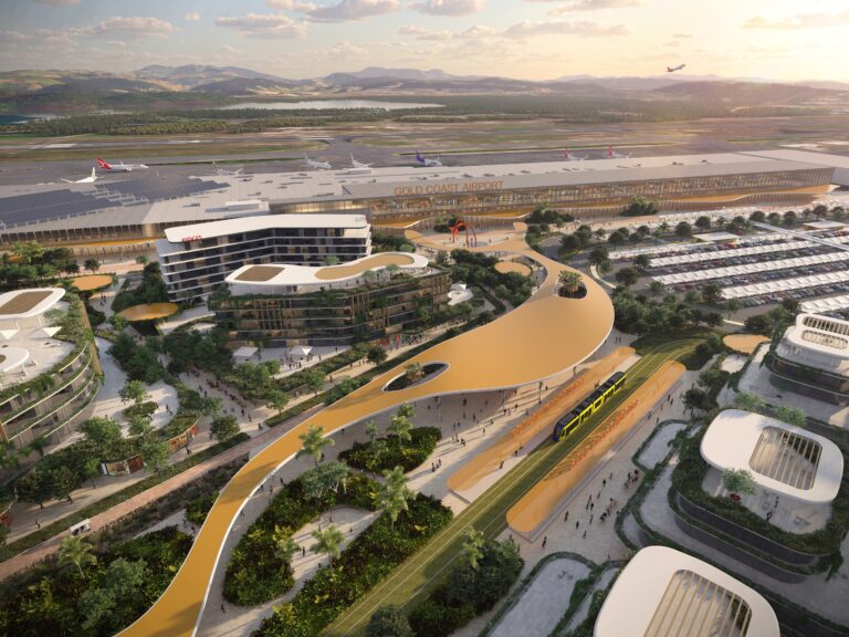 An aerial render of the public front-of-terminal plaza servicing both light and heavy rail planned in Gold Coast Airport’s 2024 preliminary draft master plan.