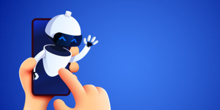 A cartoon graphic of a white robot, waving and leaning out of a mobile phone being held by a pair of hands.