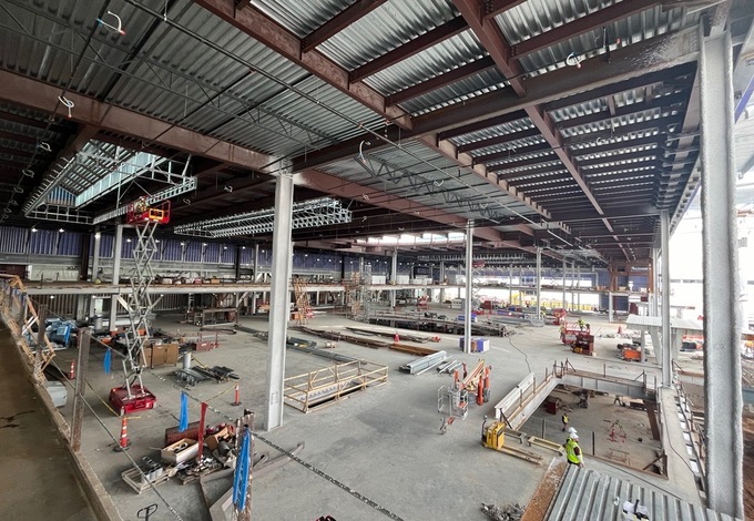 The image shows the construction progress of George Bush Intercontinental Airport’s International Central Processor (ICP) as of February 2024.
