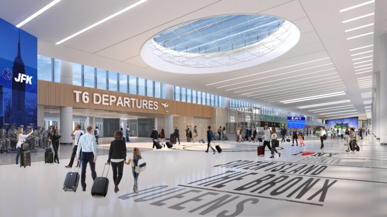 A render of the inside of JFK Airport’s Terminal 6, with passengers walking through to a sign that says “T6 Departures”.
