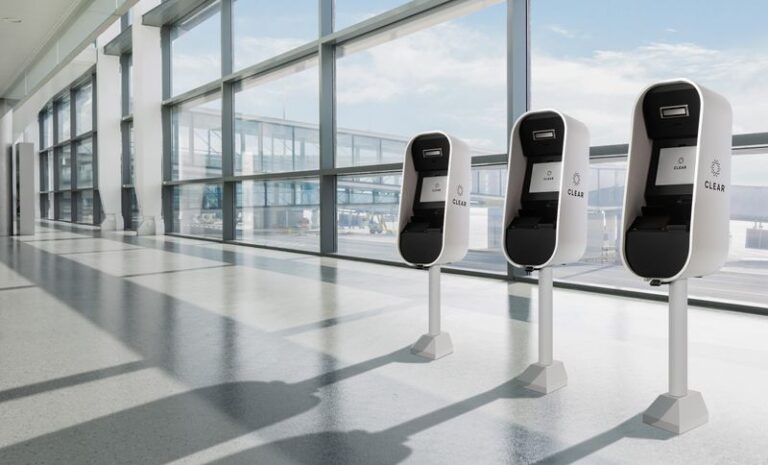 European Parliament adopts new laws on security-relevant passenger data Three self-service kiosks sit inside an empty airport terminal, by the window.