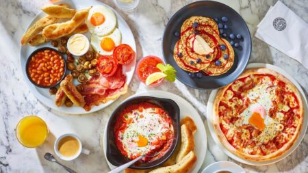 London Gatwick to open first breakfast-serving PizzaExpress The image shows an aerial view of a selection of breakfast dishes.
