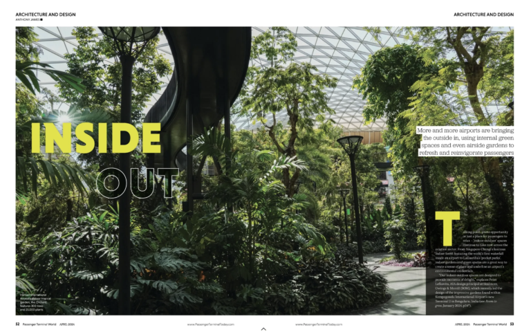 A magazine spread from Passenger Terminal World of Hamad Airport's indoor garden with the words "Inside Out".