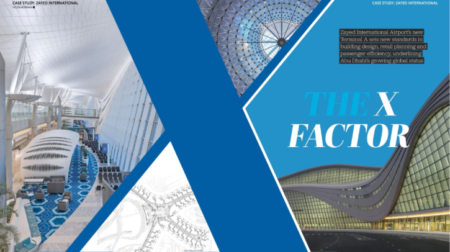 A magazine spread with an "x" dividing four images of Zayed International Airport and the words "The X factor".