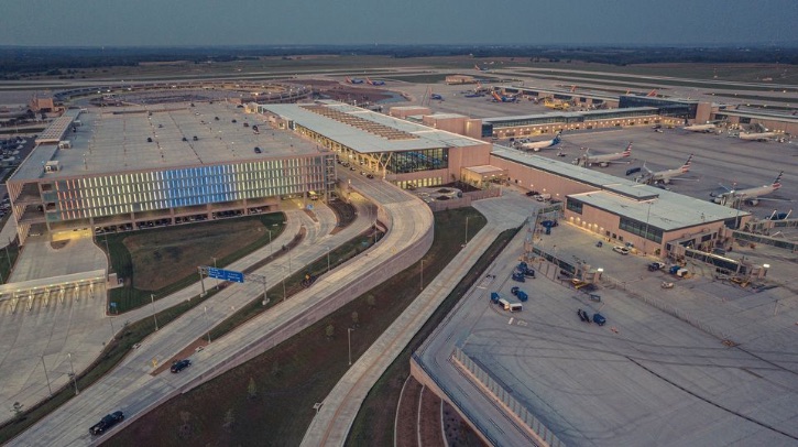 CBP expands Global Entry mobile app to eight additional airports The image shows an aerial view of Kansas City International Airport and its access roads.