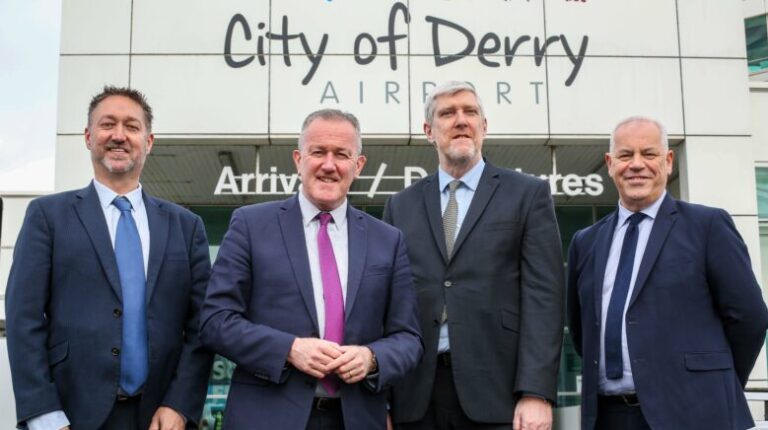 City of Derry Airport awarded £3m to fund operations L-R: Steve Frazer, City of Derry Airport; Conor Murphy, Economy Minister; John O’Dowd, Infrastructure Minister; and John Kelpie, CEO, Derry City and Strabane District Council. Credit Lorcan Doherty