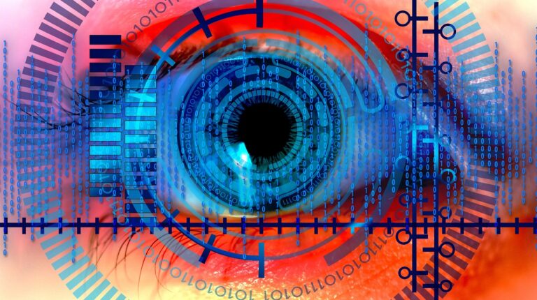 A close up of a human eye, with a digital reader image laid over the top.