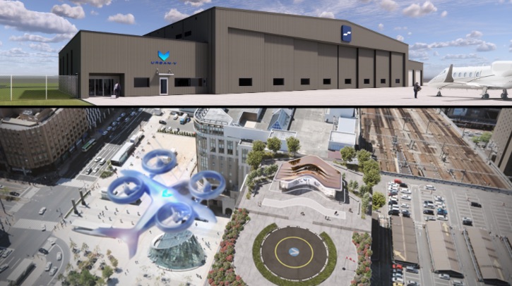 The aerial shot shows an eVTOL aircraft flying over a busy town area with a vertiport.