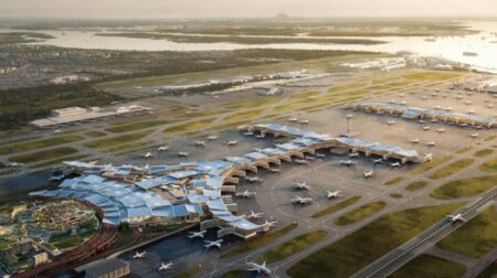 An aerial view of an airport.