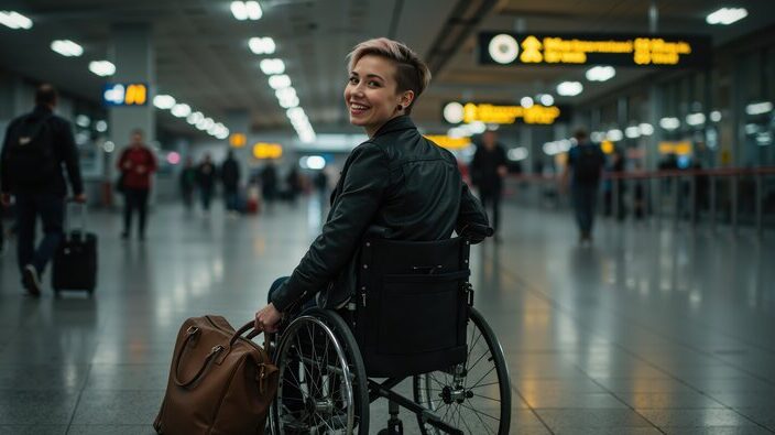 CAA reveals UK’s least and most accessible airports A passenger in a wheelchair with a brown carry-on bag in an airport terminal.