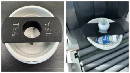 A Transportation Security Administration (TSA) officer has invented a solution to protect screening machines after a sippy cup of breast milk spilled inside Oregon’s Portland International Airport (PDX) X-ray machine. The prototype device is shown here on an x-ray machine system.