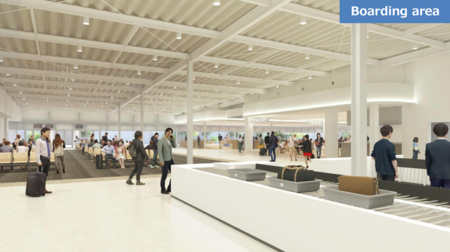 Passengers mill around a bag scanner and gate area