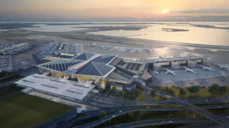 An aerial view of JFK Airport at sunset.