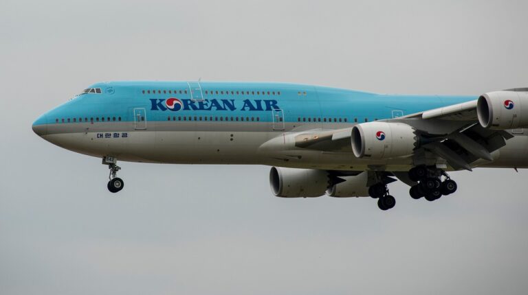 CBP introduces remote baggage screening between Incheon and Hartsfield-Jackson A Korean Air airplane with turquoise livery and landing gear deployed