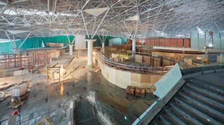 The interior of an airport terminal which is under construction at Domodedovo Airport in Moscow, Russia, in November 2025