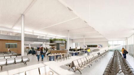 Render of the renovated Terminal 2 at Perth Airport, with passengers walking on the two levels of the expanded terminal