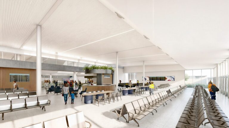 Perth Airport starts upgrade and expansion of Terminal 2 Render of the renovated Terminal 2 at Perth Airport, with passengers walking on the two levels of the expanded terminal