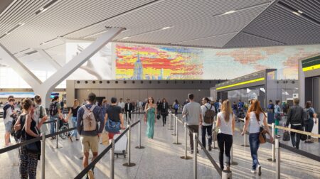 Artist render of The New Terminal One at JFK airport, which passengers on the concourse and large display screens