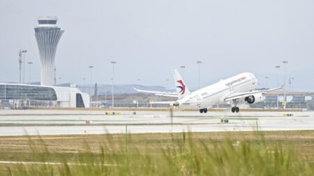 An aircraft takes off at Baiyun Airport in China