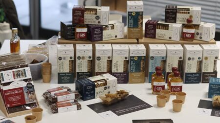 A range of products from local suppliers in Southeast England spread across a table as part of London Gatwick's Meet the Producers event