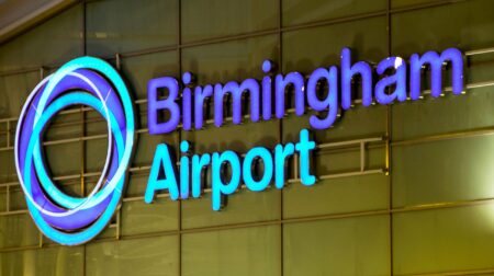 Birmingham Airport logo, in blue and torquoise writing