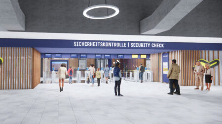 Artists's impression of what the new €25m checkpoint at Cologne/Bonn will look like with a large concourse space and clear signage in dark blue and white writing
