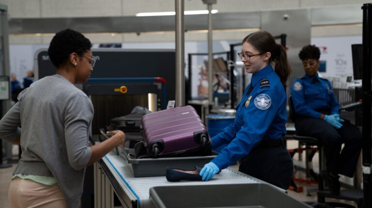 A TSA worker carries out a security inspection of a passenger at an airport security checkpoint