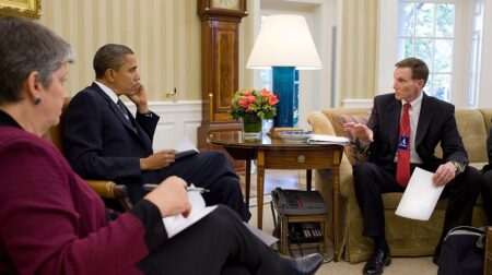 President Barack Obama meets with Homeland Security Secretary Janet Napolitano and Transportation Security Administration (TSA) administrator John S Pistole, right, in the Oval Office, Oct. 12, 2010. (Official White House Photo by Pete Souza)
