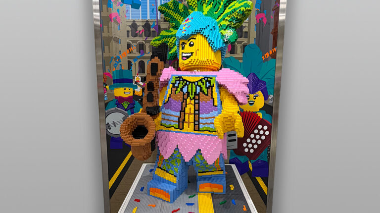 The Lego Mummer sculpture on display in the Lego Store at Philadelphia International Airport.