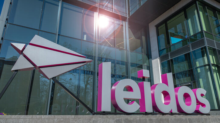 Leidos logo monument-style sign installated outside the front entrance to the Leidos global headquarters in Reston, VA, photographed on March 29, 2023.