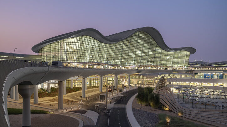 Zayed International Airport exterior shot at night