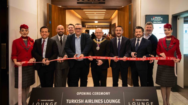 Representatives of Turkish Airlines cut a ribbon to mark the opening of the new CIP lounge at Edinburgh Airport in Scotland.