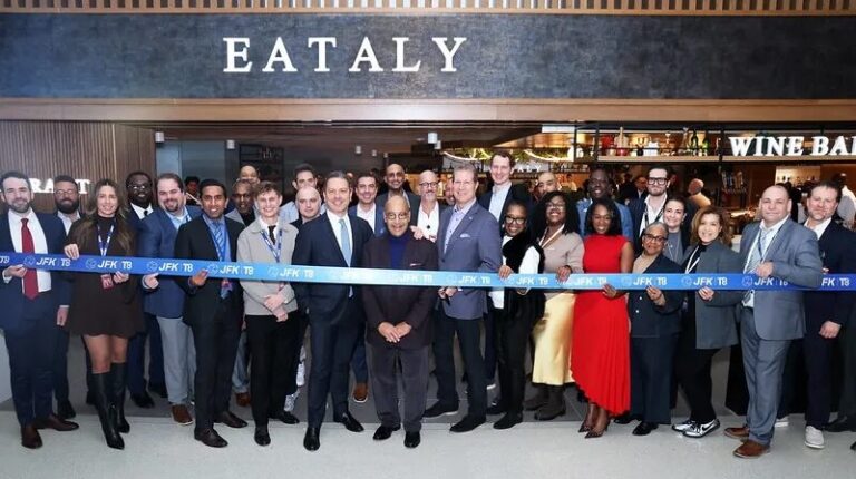 Eataly opens first North American airport location at JFK Representatives of Eataly, Avolta, ASUR Airports, HMSHost and Port Authority of New York and New Jersey stand in front of the new Etaly store at JFk airport to cut a large opening ribbon.