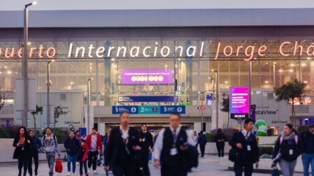 Peru launches automated border control system at Lima Airport Exterior photo of Jorge Chávez International Airport in Lima, Peru. Passengers walk in front of the large glass entrance