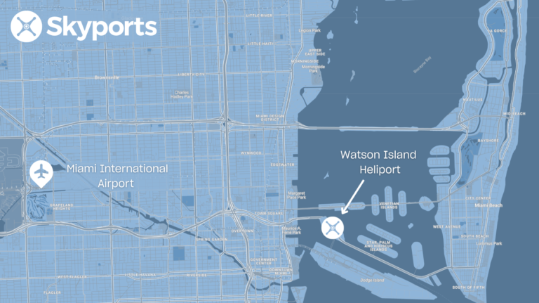 Map showing the location of Miami’s Watson Island Heliport