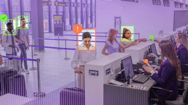 Animated image of passengers at a digital check-in at an airport.