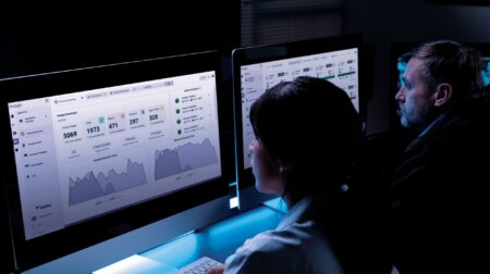 A cybersecurity expert works at a bank of computer screens.