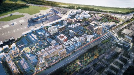 Rail Baltica transportation hub will create “new city center” near Tallinn Airport An aerial view of the under-construction Rail Baltica Linda Terminal at Tallinn Airport.