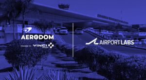 Aerodom and AirportLabs logos on a dark blue background with an airport building in silhouette behind this.