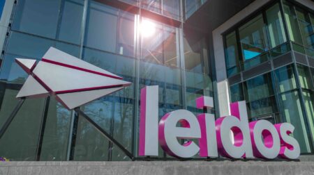 Leidos and Analogic announce joint venture plans Leidos logo monument-style sign installated outside the front entrance to the Leidos global headquarters in Reston, Virginia, photographed on March 29, 2023.