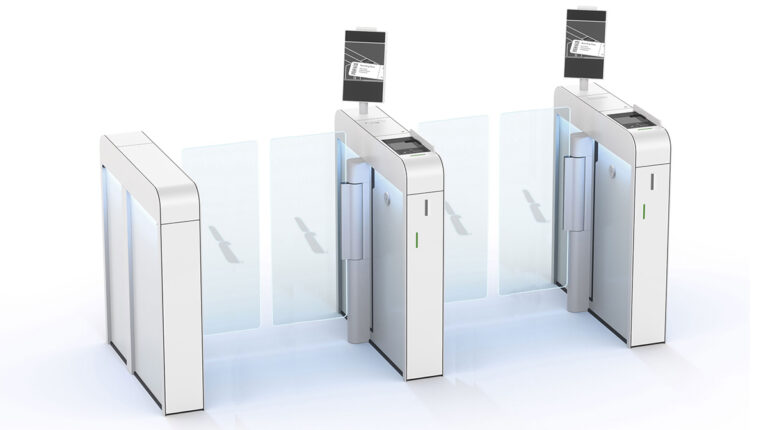 Illustration of the dormakaba Argus Air XS electronic boarding gates against a white background.