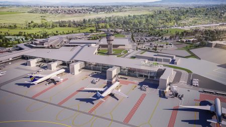 Project renderings for the new Terminal 3 at Sofia Airport, with the terminal building and airplanes parked up at a number of gates.