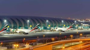 Emirates Airbus A380 airplanes at Dubai International Airport (DXB) in the United Arab Emirates.