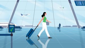 An illustration of a woman wearing white trousers and green top pulling a small piece of luggage through an airport.