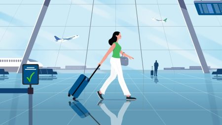 Google Wallet teams up with TSA on Touchless ID An illustration of a woman wearing white trousers and green top pulling a small piece of luggage through an airport.