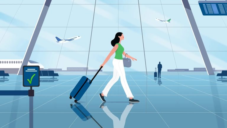 An illustration of a woman wearing white trousers and green top pulling a small piece of luggage through an airport.