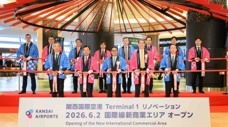 representatives of Vinci Airports and Kansai Airports cut the ribbon to mark the completion of the Terminal 1 renovation.